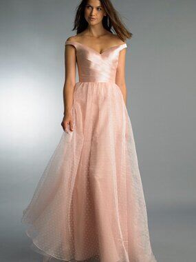D9961L Off Shoulder Pleated Gown - Pink